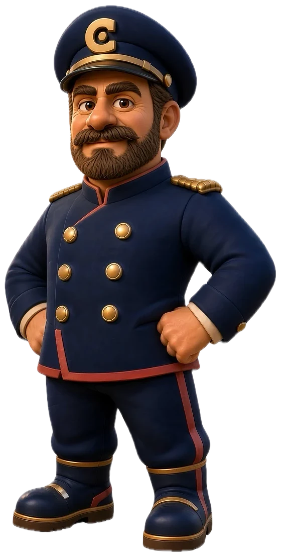 The Chief: a cartoon ship's captain in a navy uniform, hands on hips